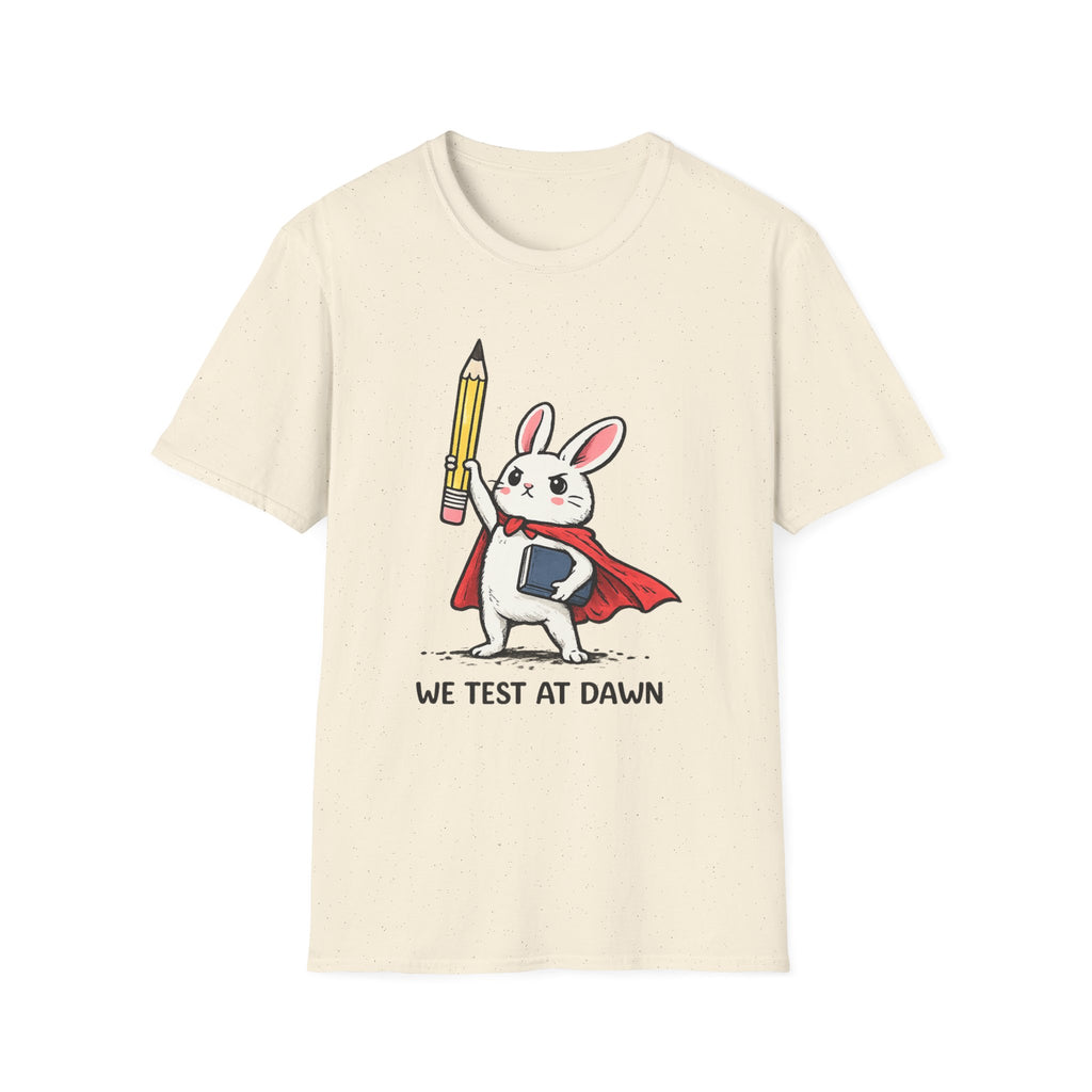 We Test at Dawn Bunny T-Shirt — Cute Testing Mascot Tee for Developers & QA