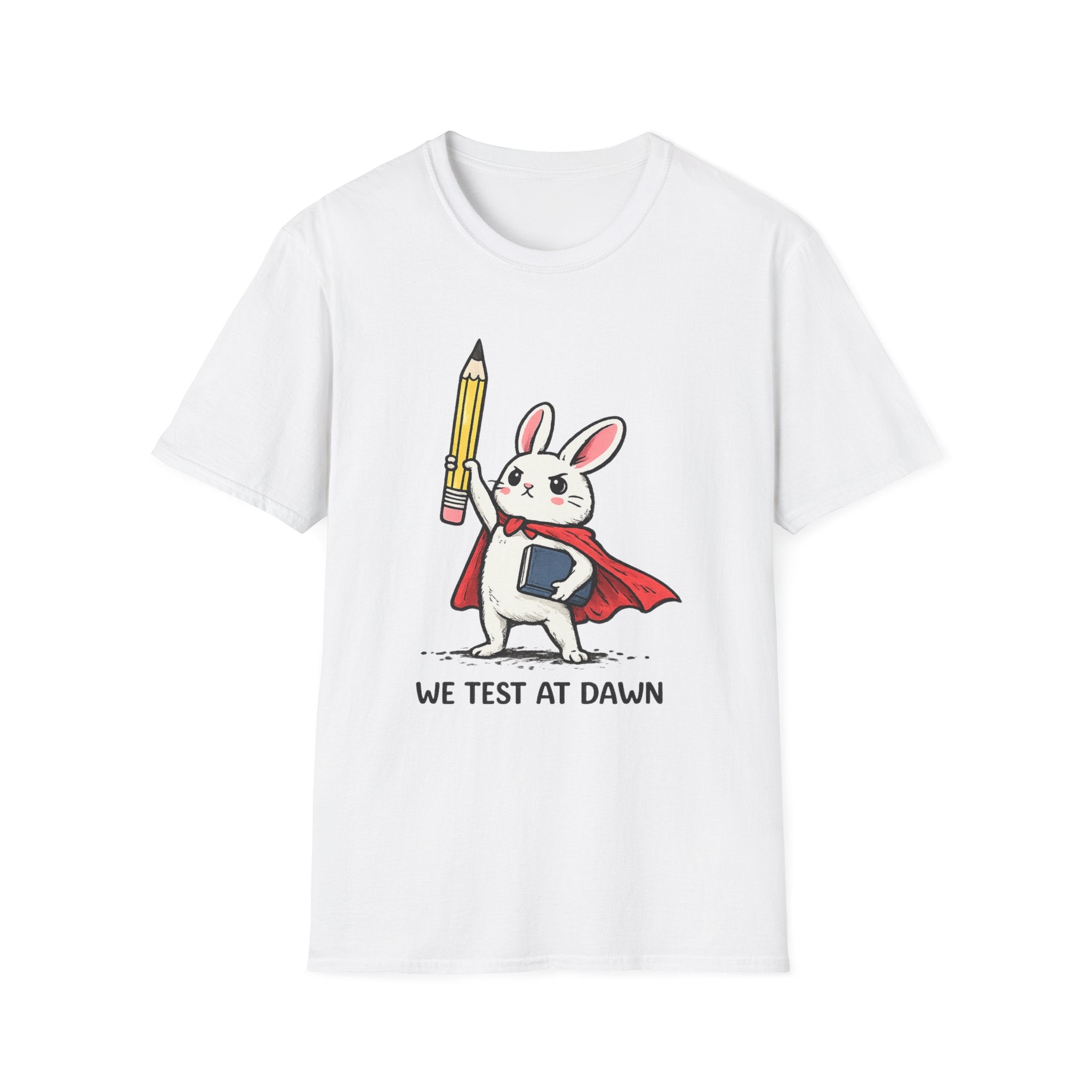 We Test at Dawn Bunny T-Shirt — Cute Testing Mascot Tee for Developers & QA