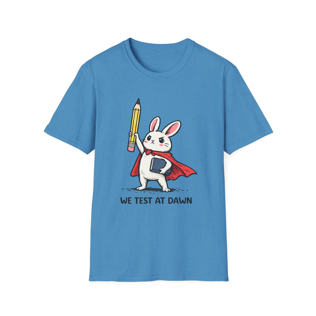 We Test at Dawn Bunny T-Shirt — Cute Testing Mascot Tee for Developers & QA