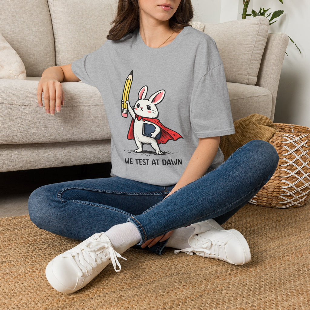 We Test at Dawn Bunny T-Shirt — Cute Testing Mascot Tee for Developers & QA