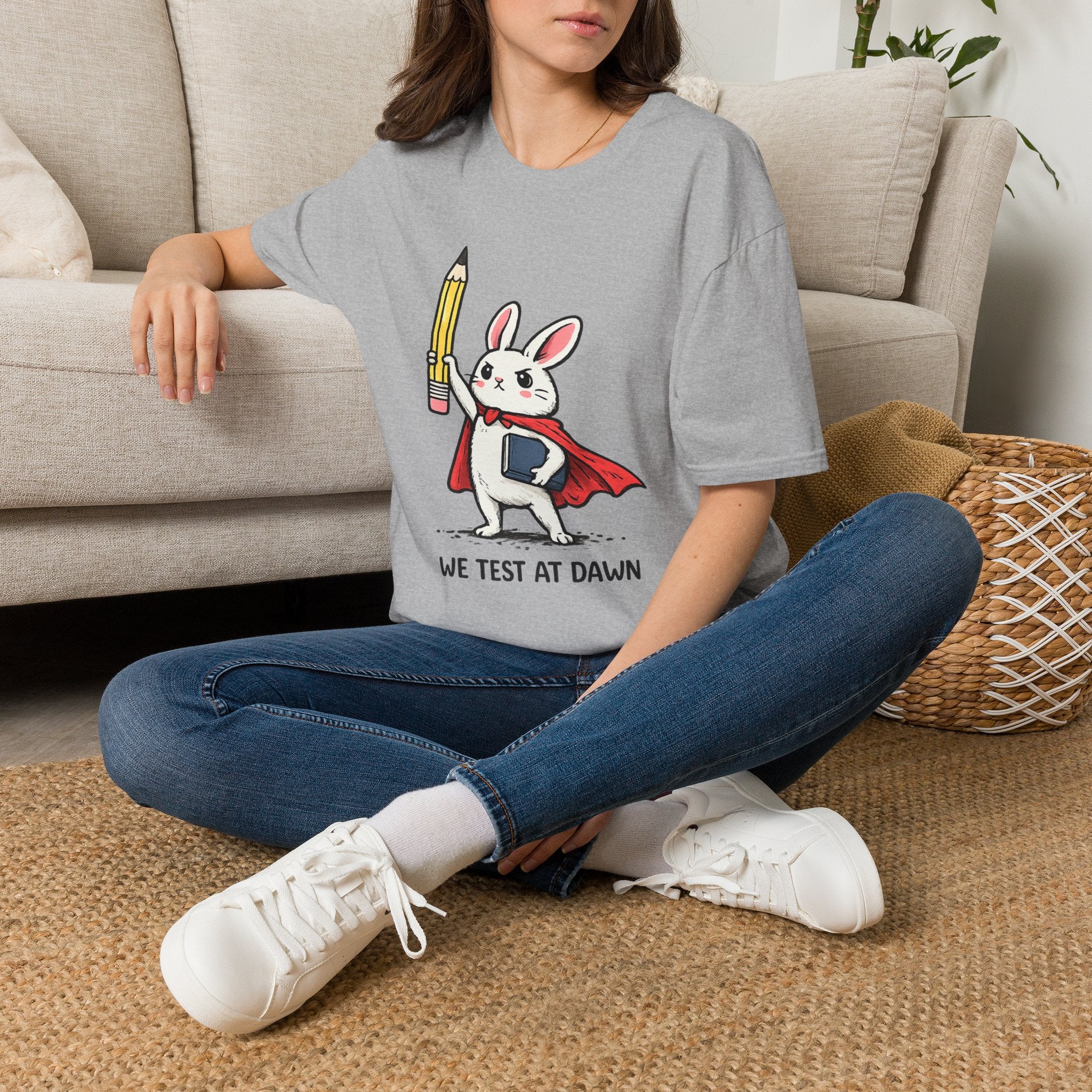 We Test at Dawn Bunny T-Shirt — Cute Testing Mascot Tee for Developers & QA
