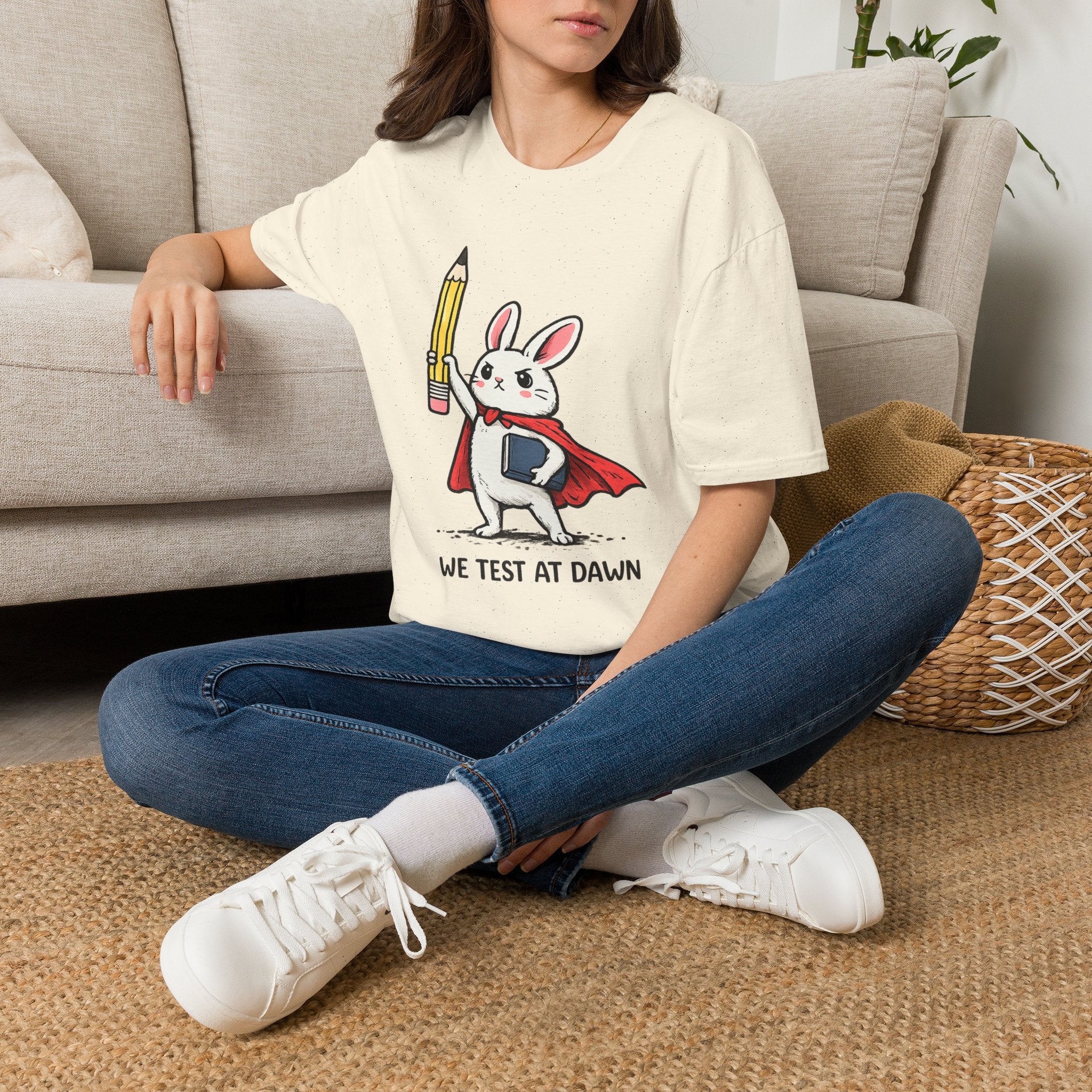 We Test at Dawn Bunny T-Shirt — Cute Testing Mascot Tee for Developers & QA