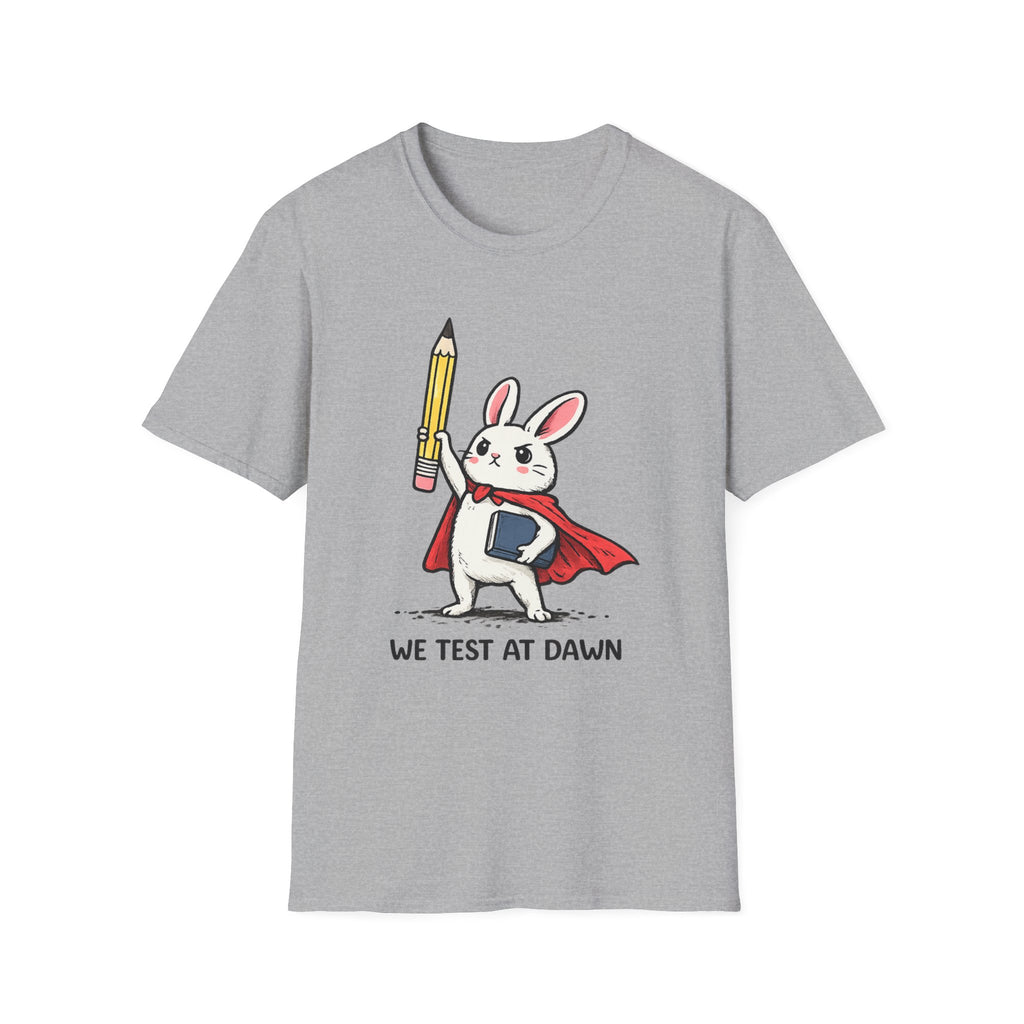 We Test at Dawn Bunny T-Shirt — Cute Testing Mascot Tee for Developers & QA