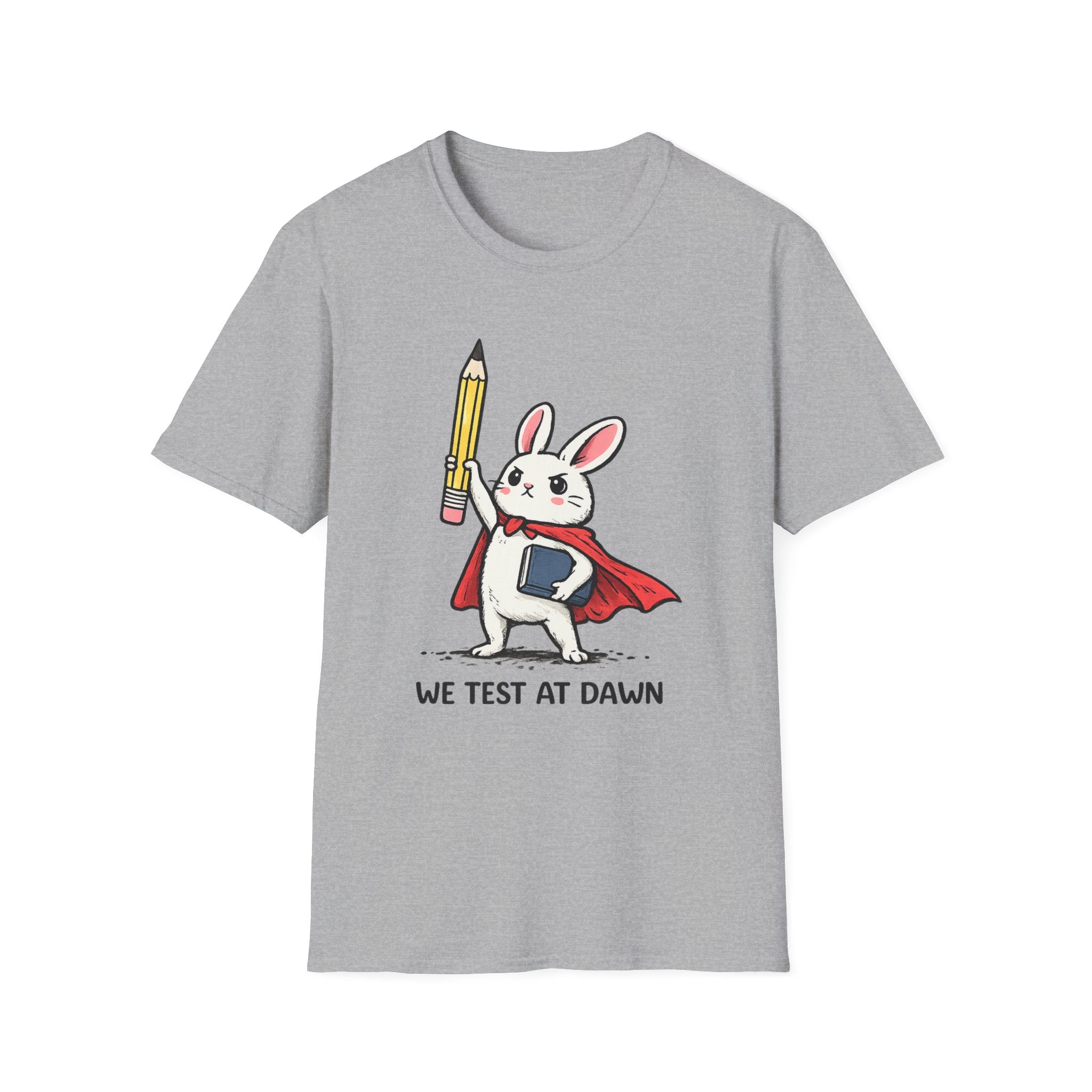 We Test at Dawn Bunny T-Shirt — Cute Testing Mascot Tee for Developers & QA