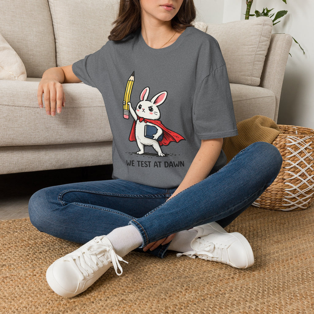 We Test at Dawn Bunny T-Shirt — Cute Testing Mascot Tee for Developers & QA