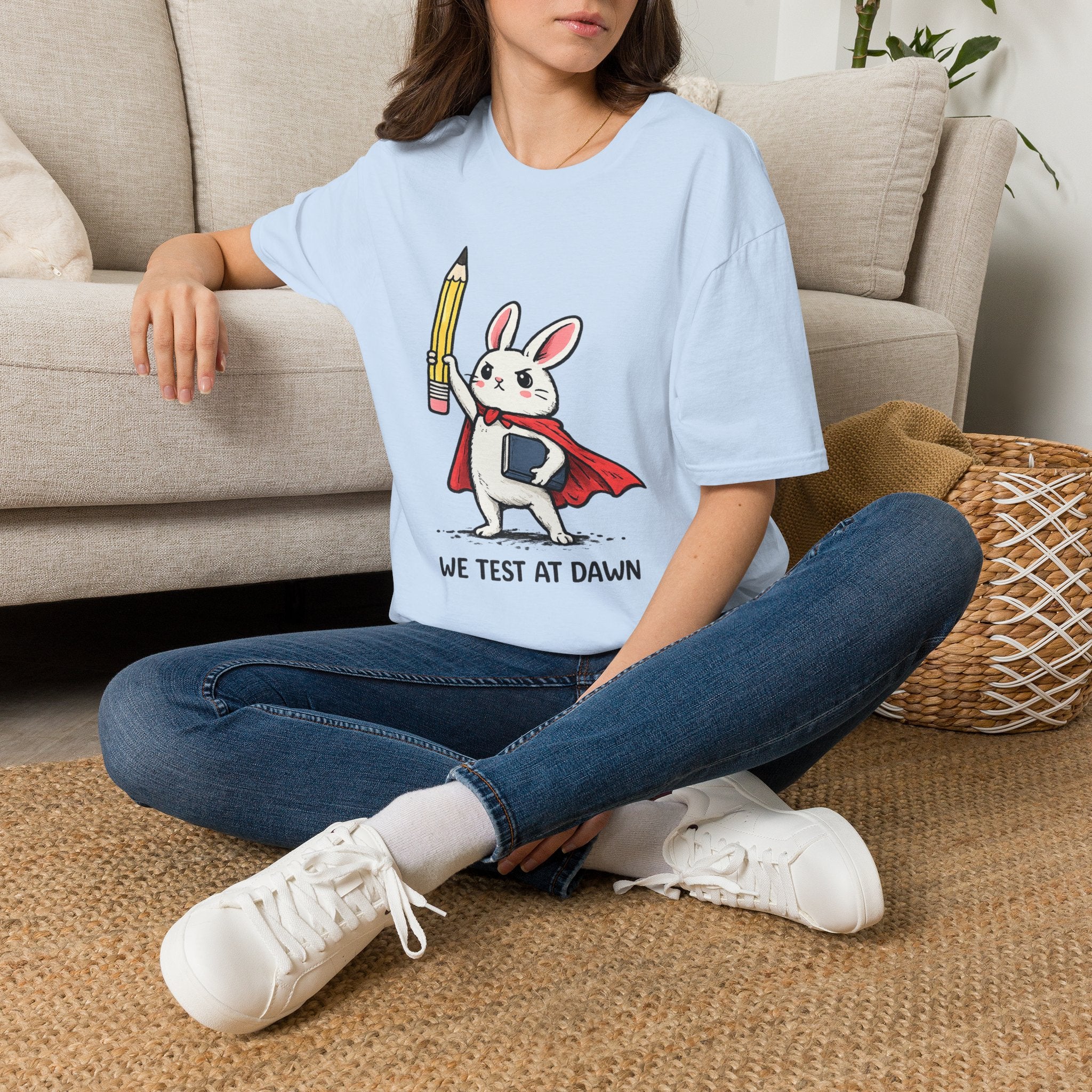We Test at Dawn Bunny T-Shirt — Cute Testing Mascot Tee for Developers & QA