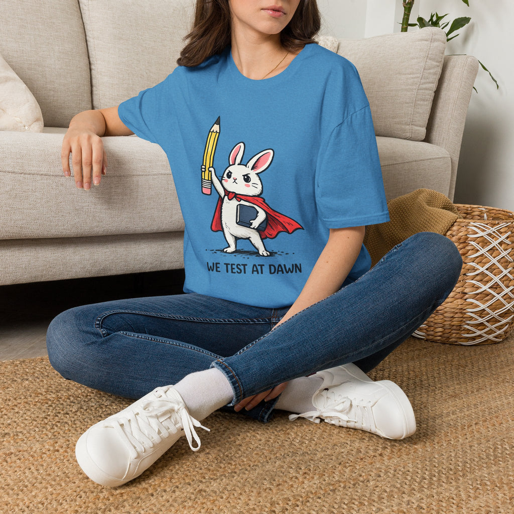 We Test at Dawn Bunny T-Shirt — Cute Testing Mascot Tee for Developers & QA