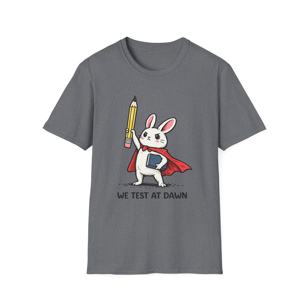 We Test at Dawn Bunny T-Shirt — Cute Testing Mascot Tee for Developers & QA