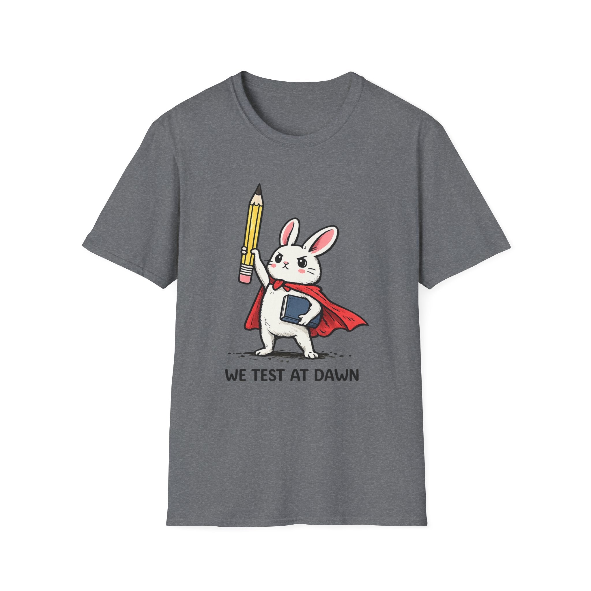 We Test at Dawn Bunny T-Shirt — Cute Testing Mascot Tee for Developers & QA